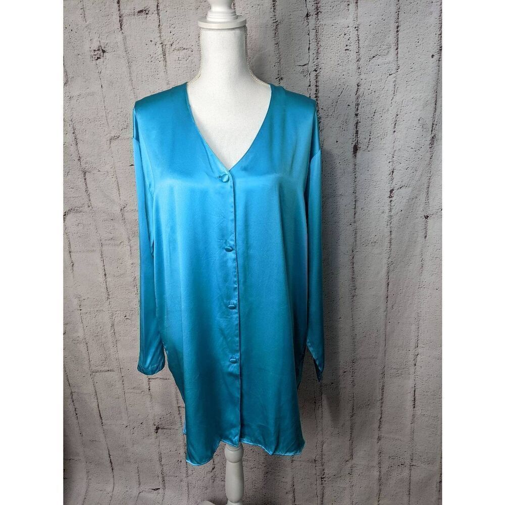 Victorias Secret Gold Label Sz L 100% Silk Button Night Shirt Gown Blue Vintage
